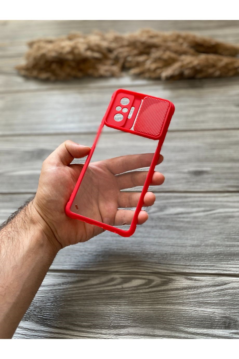 Redmi Note 10 Pro Kırmızı Kamera Sürgülü Şeffaf Kılıf