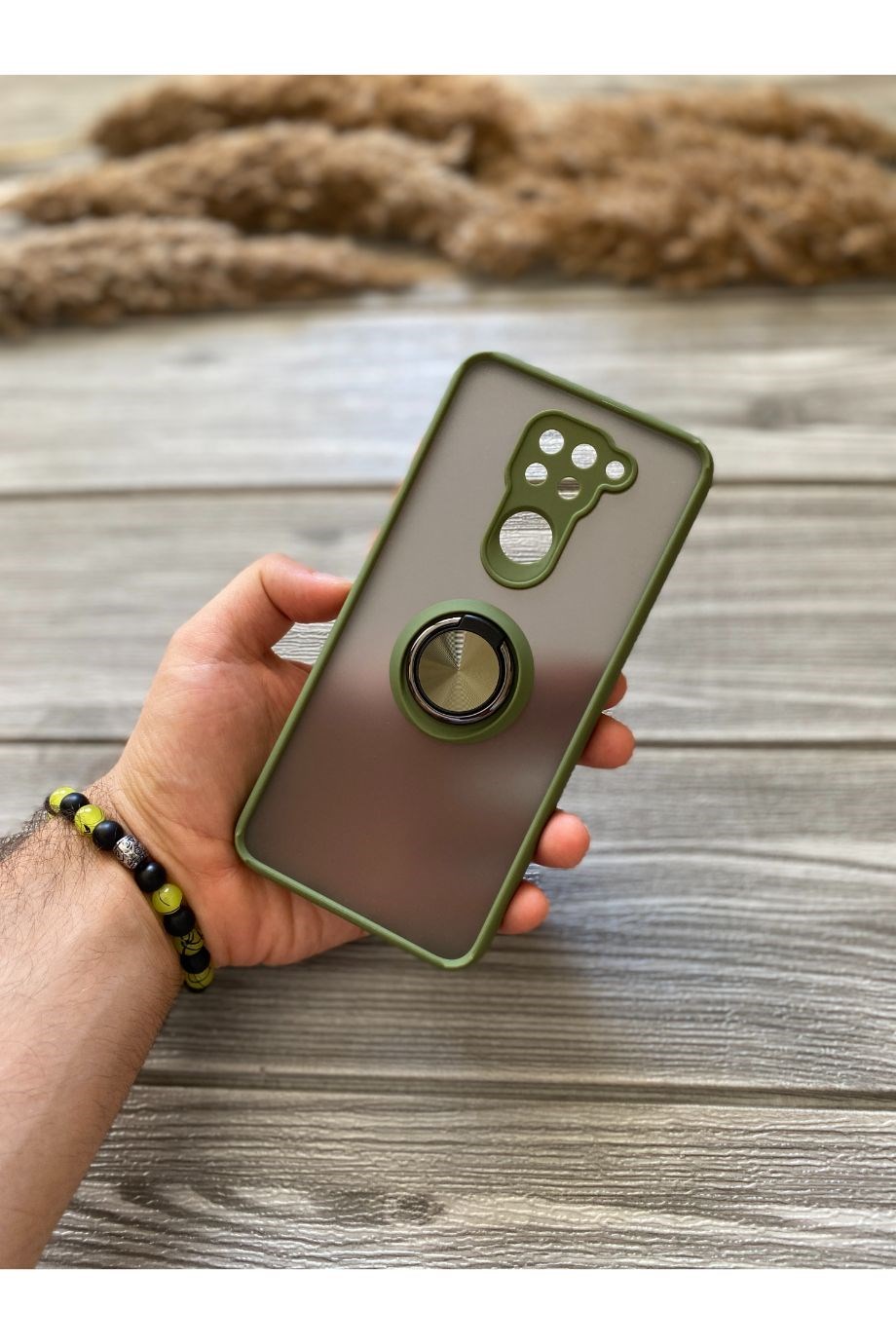 Redmi Note 9 Haki Yeşili Yüzüklü Buzlu Mika Kılıf