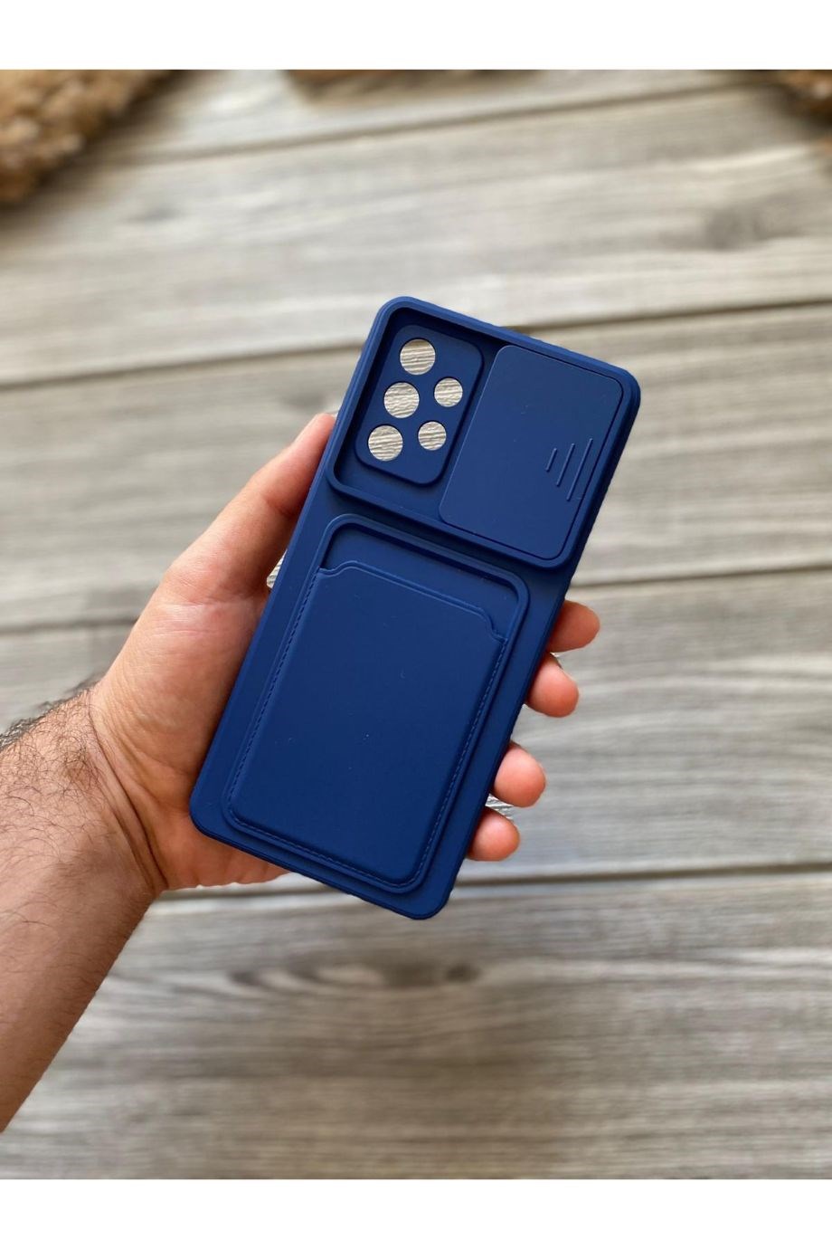 Samsung A52 Lacivert Kart Bölmeli Sürgülü Kılıf