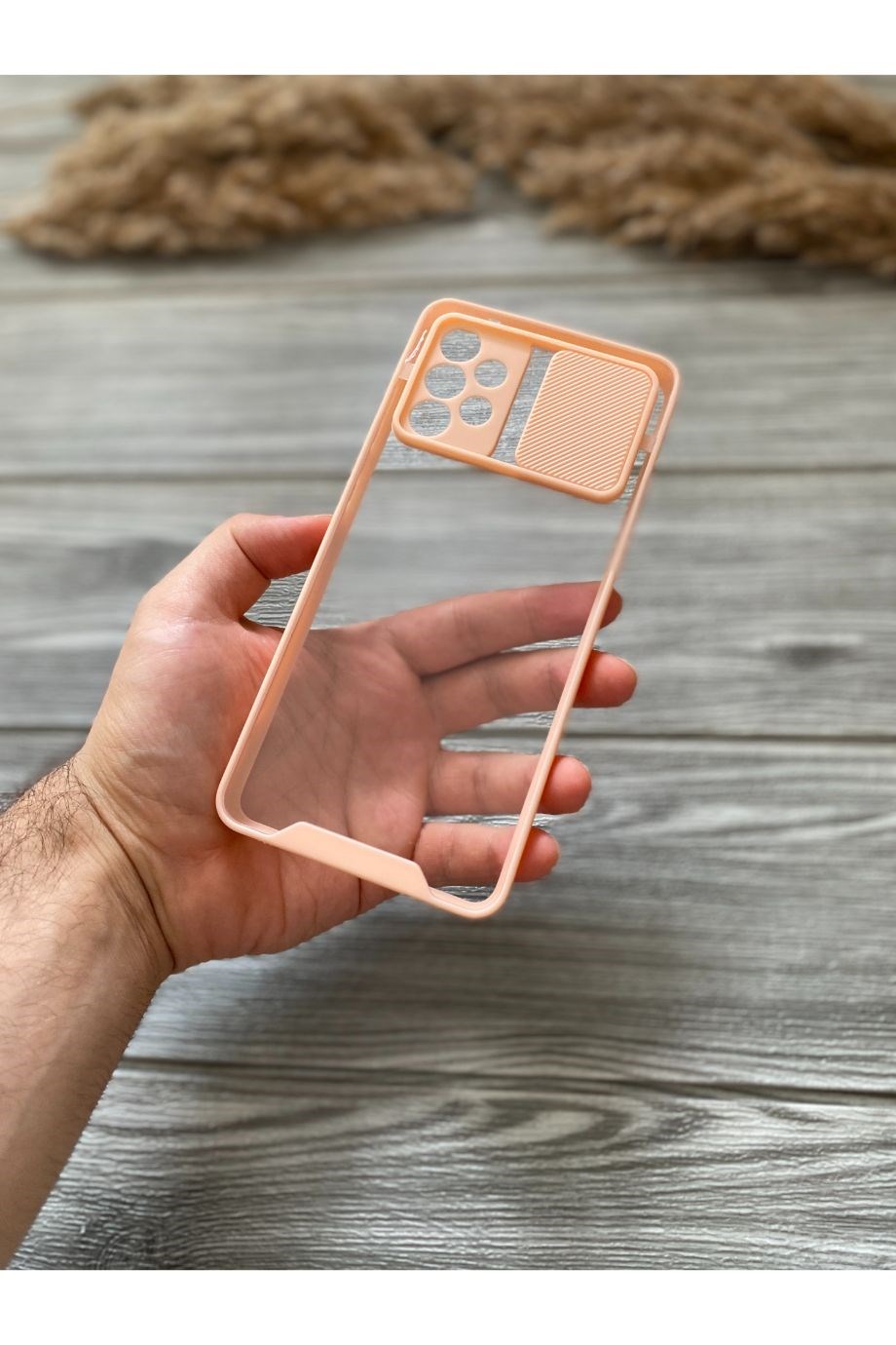 Samsung A72 Pembe Kamera Sürgülü Şeffaf Kılıf