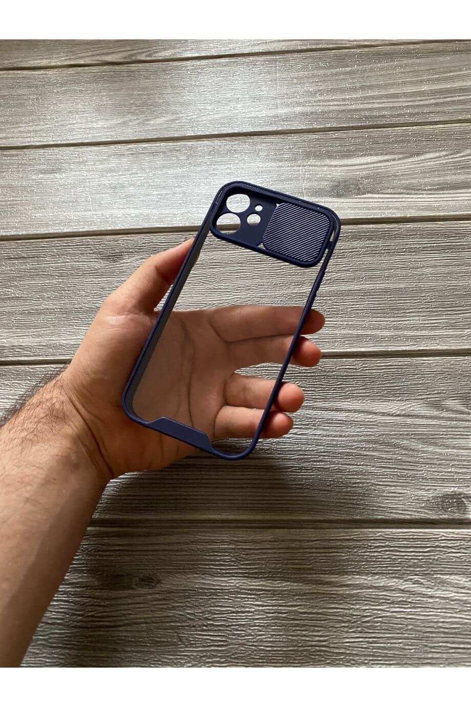 iPhone 12 Lacivert Kamera Sürgülü Şeffaf Kılıf