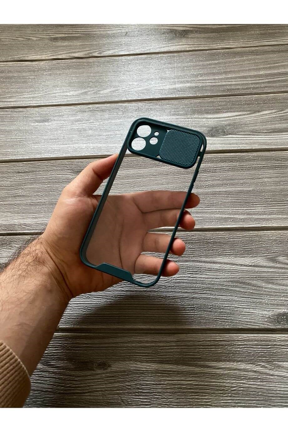 iPhone 12 Petrol Yeşili Kamera Sürgülü Şeffaf Kılıf