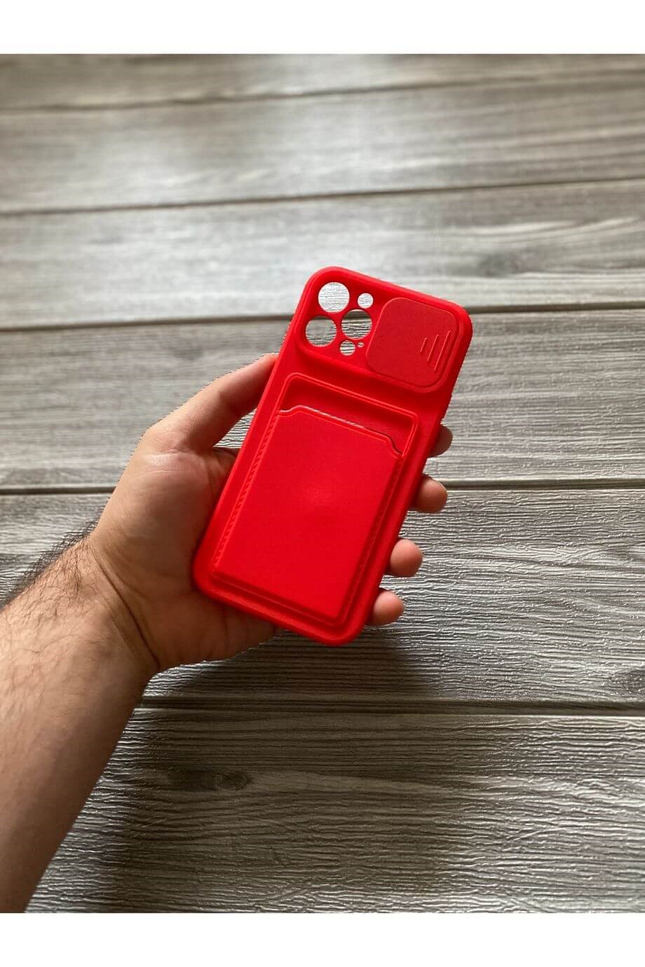 iPhone 12 Pro Kırmızı Kart Bölmeli Sürgülü Kılıf
