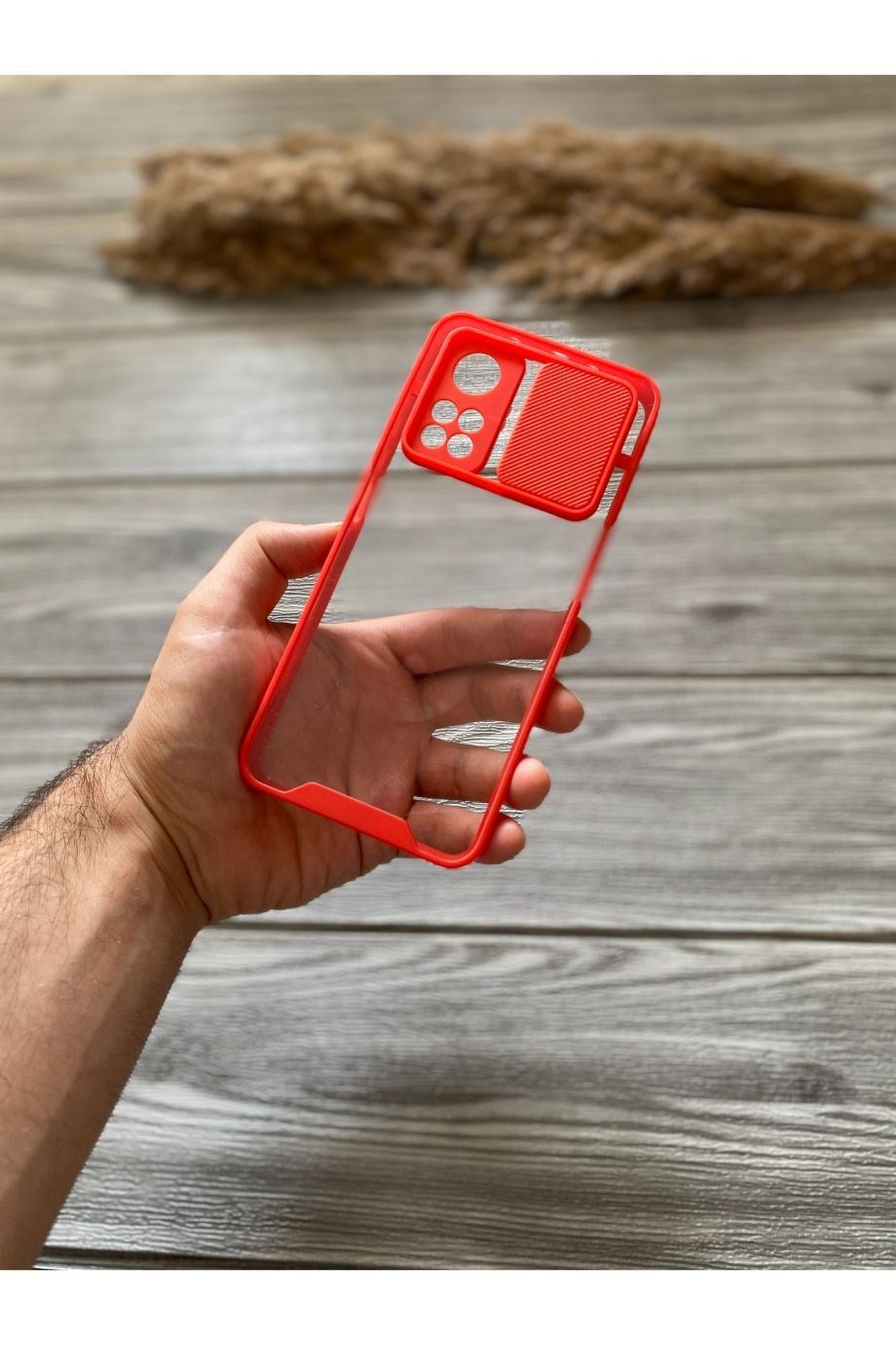 Mi 10T / Mi 10T Pro Kırmızı Kamera Sürgülü Şeffaf Kılıf