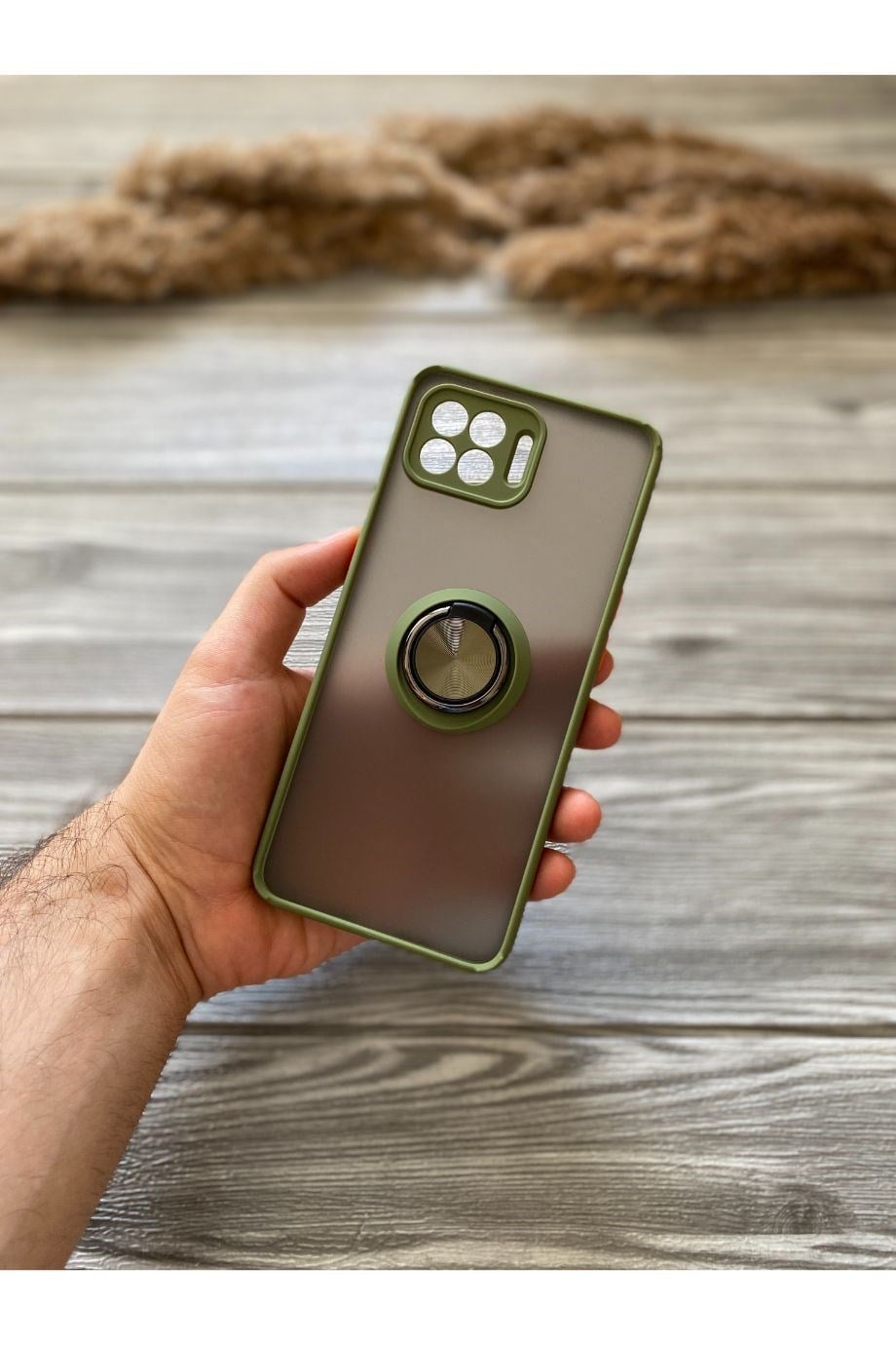 Oppo Reno 4 Lite Haki Yeşili Yüzüklü Buzlu Mika Kılıf
