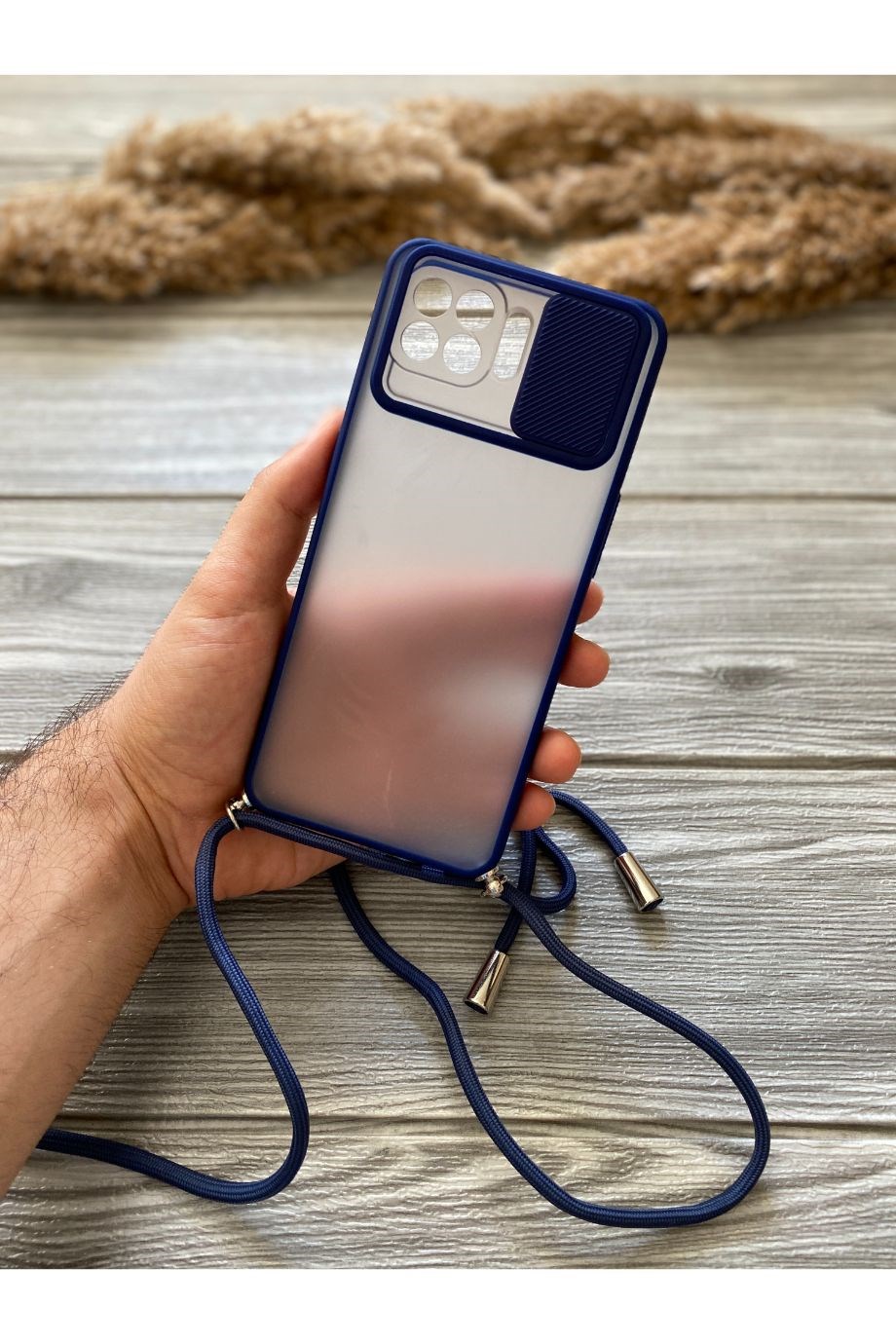 Oppo Reno 4 Lite Lacivert Kamera Sürgülü İpli Kılıf