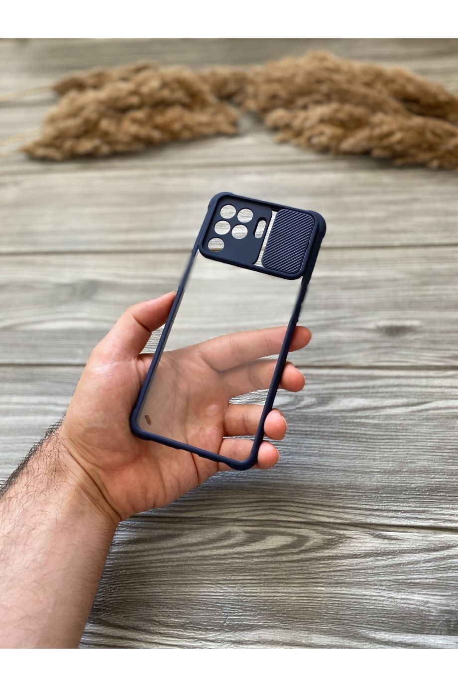 Oppo Reno 5 Lite Lacivert Kamera Sürgülü Şeffaf Kılıf