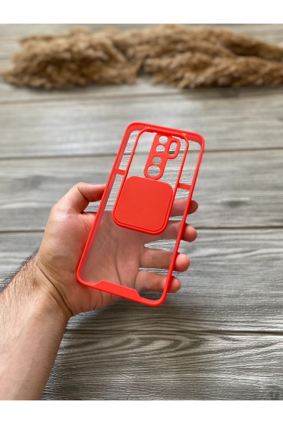 Redmi Note 8 Pro Kırmızı Kamera Sürgülü Şeffaf Kılıf