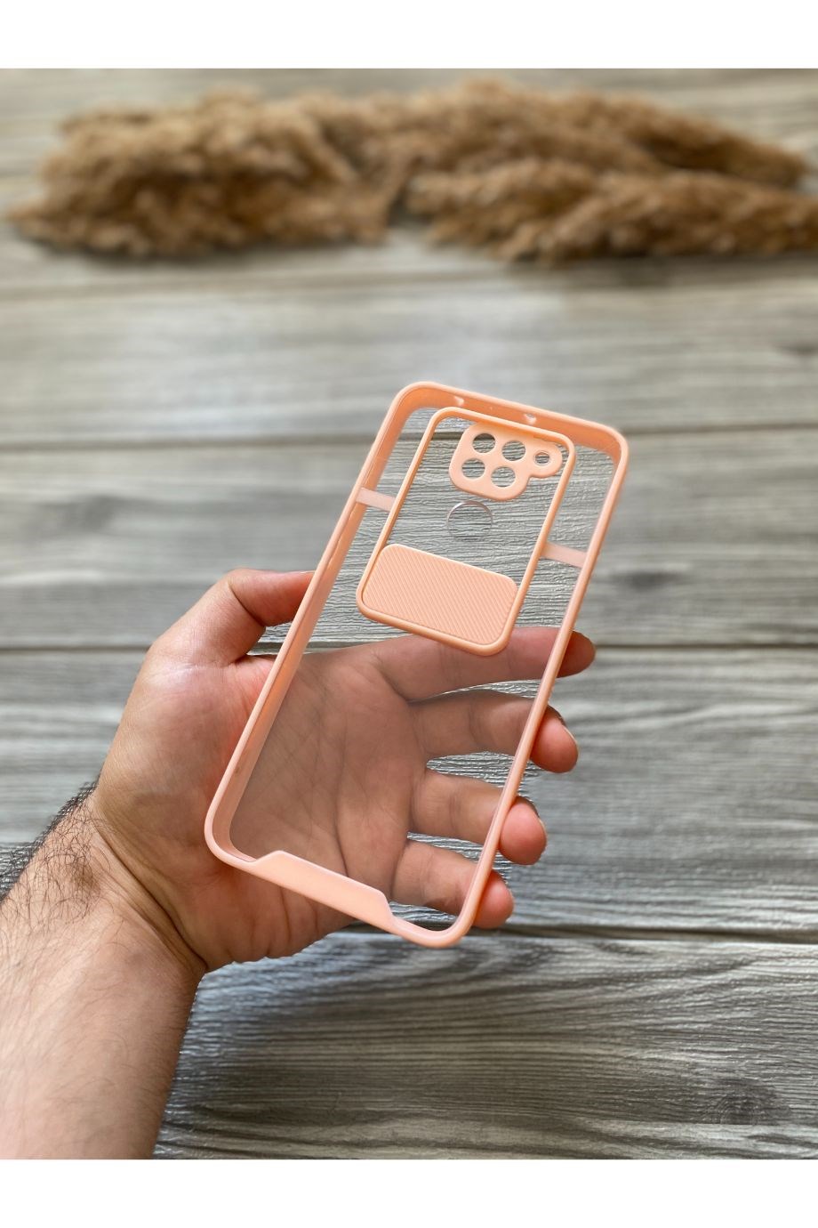 Redmi Note 9 Pembe Kamera Sürgülü Şeffaf Kılıf