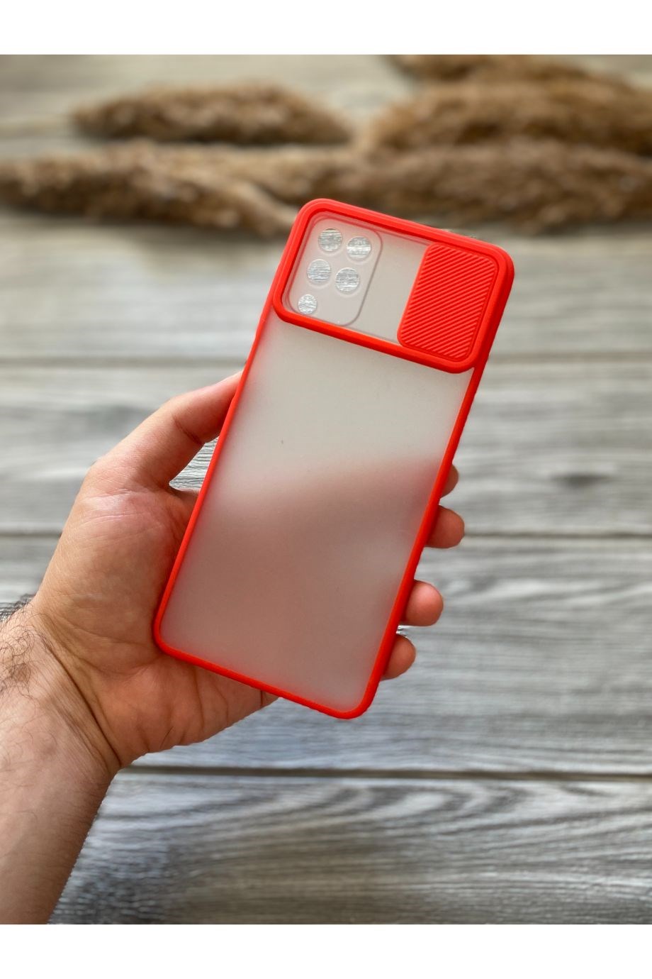 Samsung A12 Kırmızı Kamera Sürgülü Kılıf