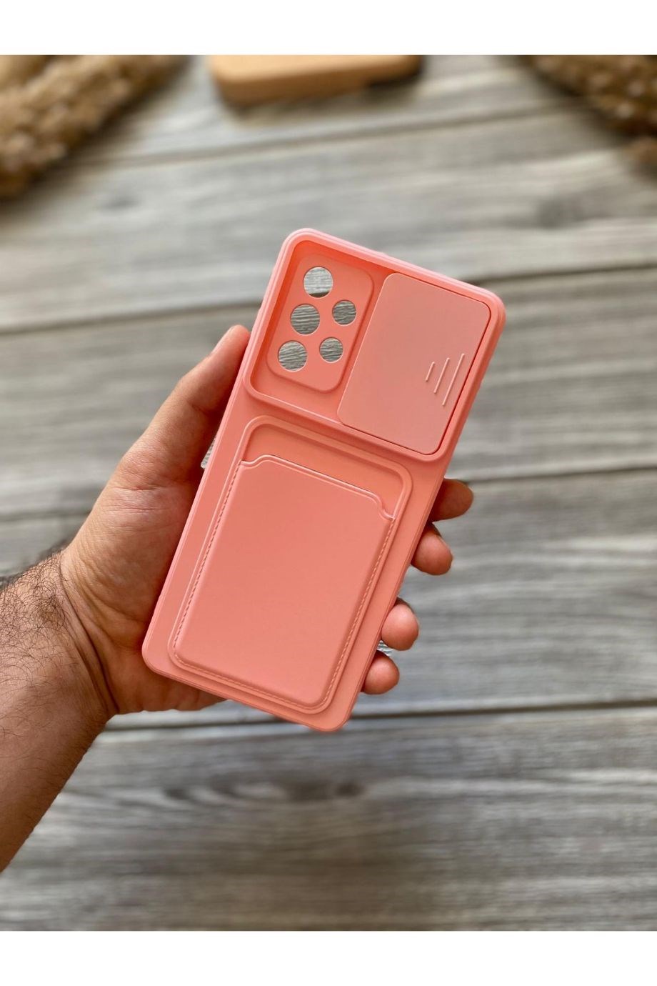 Samsung A52 Pembe Kart Bölmeli Sürgülü Kılıf