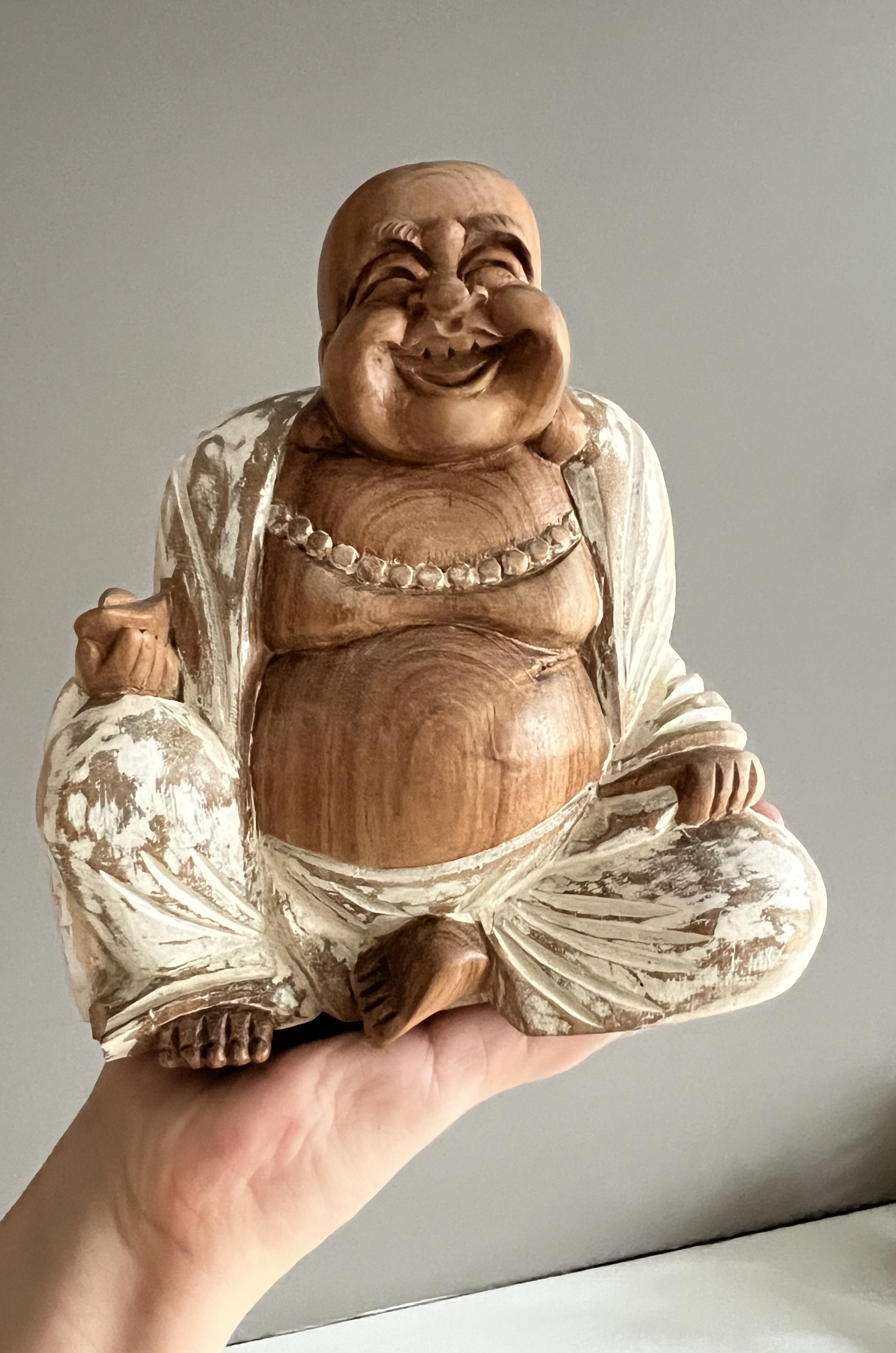 Ahşap El Yapımı Gülen Buda Heykelciği - 12 cm - Miamantra