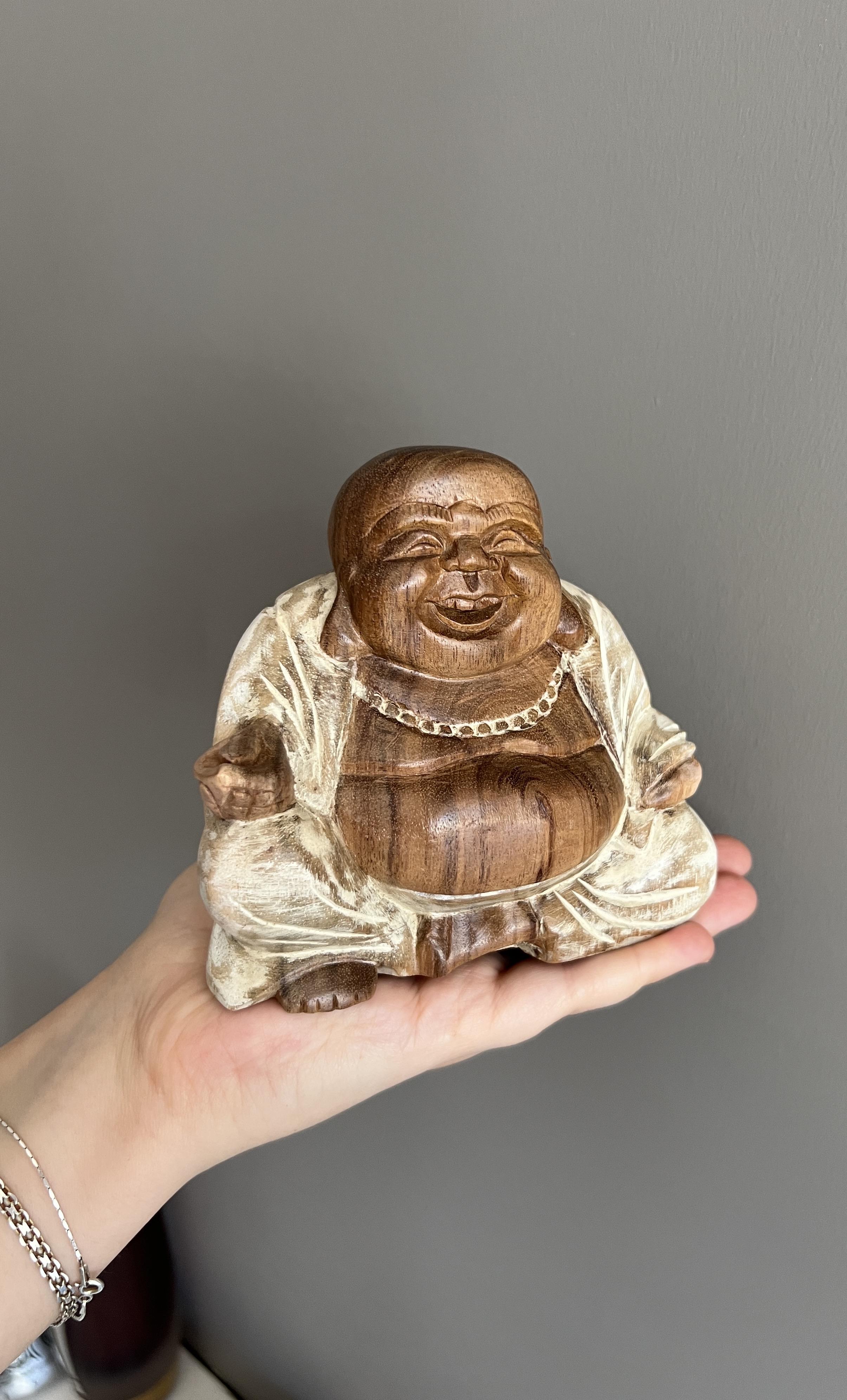 Ahşap Iki Renk Gülen Buda Heykelciği/Feng Shui Şans Ve Bereket Dekoru - 12 Cm - Miamantra