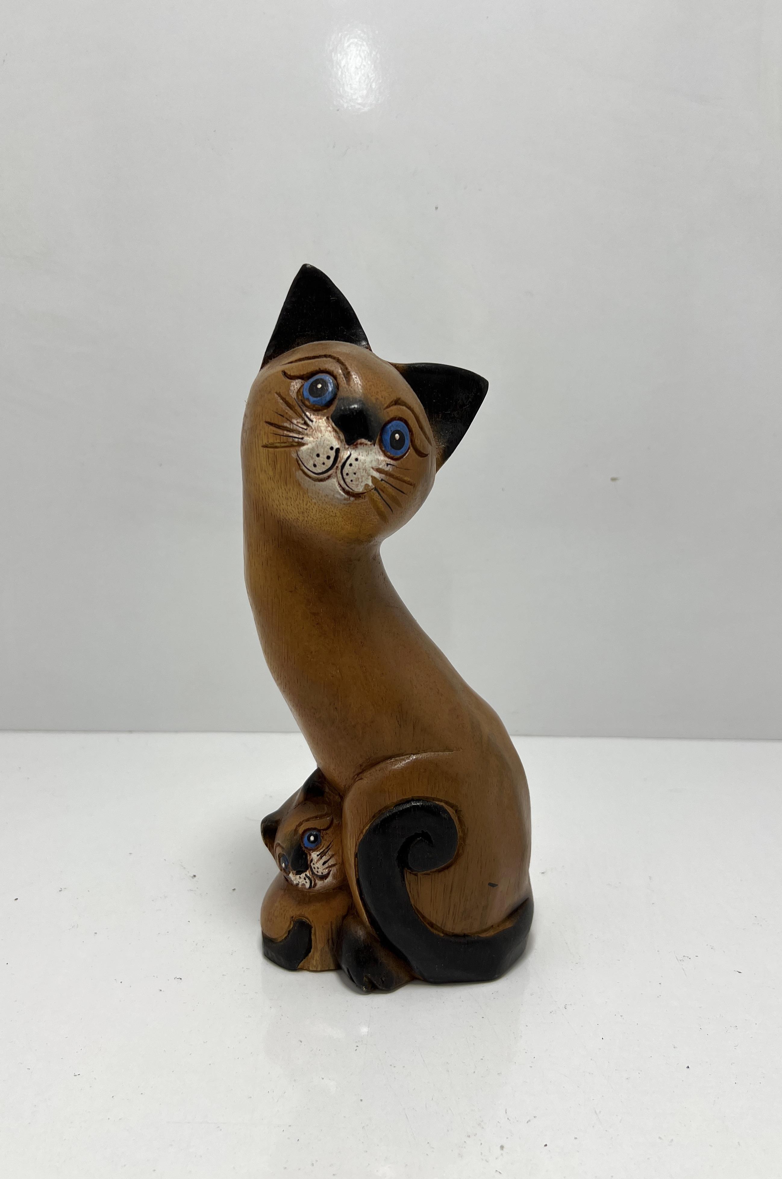 Ahşap Kedi Biblo Yavrulu 10 Inç - Miamantra
