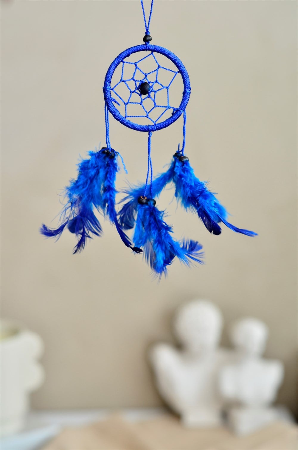Araba Süsü Tüylü Mavi Mini Rüya Kapanı / Düş Kapanı / Dreamcatcher - 6 cm