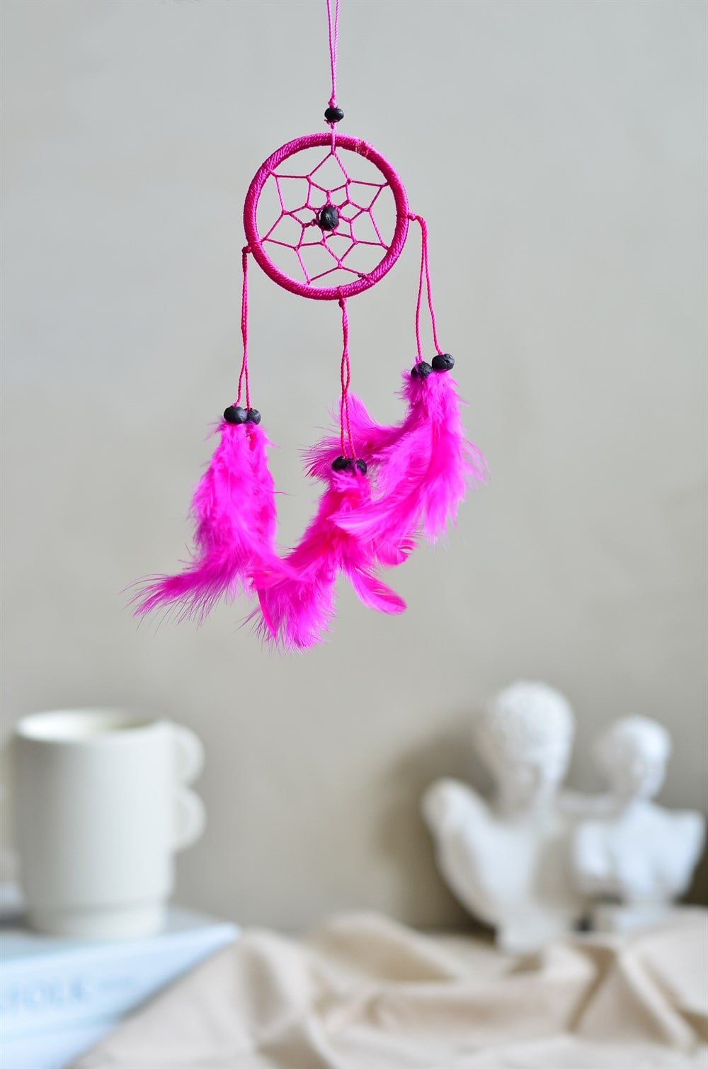 Araba Süsü Tüylü Pembe Mini Rüya Kapanı / Düş Kapanı / Dreamcatcher - 6 cm