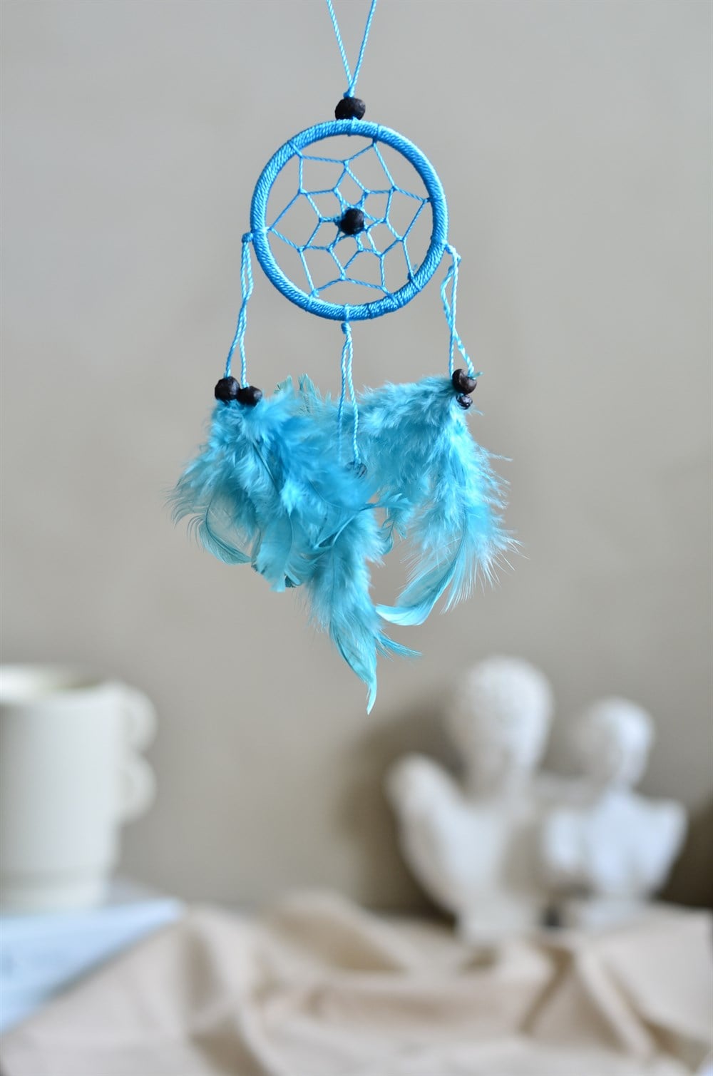 Araba Süsü Tüylü Turkuaz Mini Rüya Kapanı / Düş Kapanı / Dreamcatcher - 6 cm