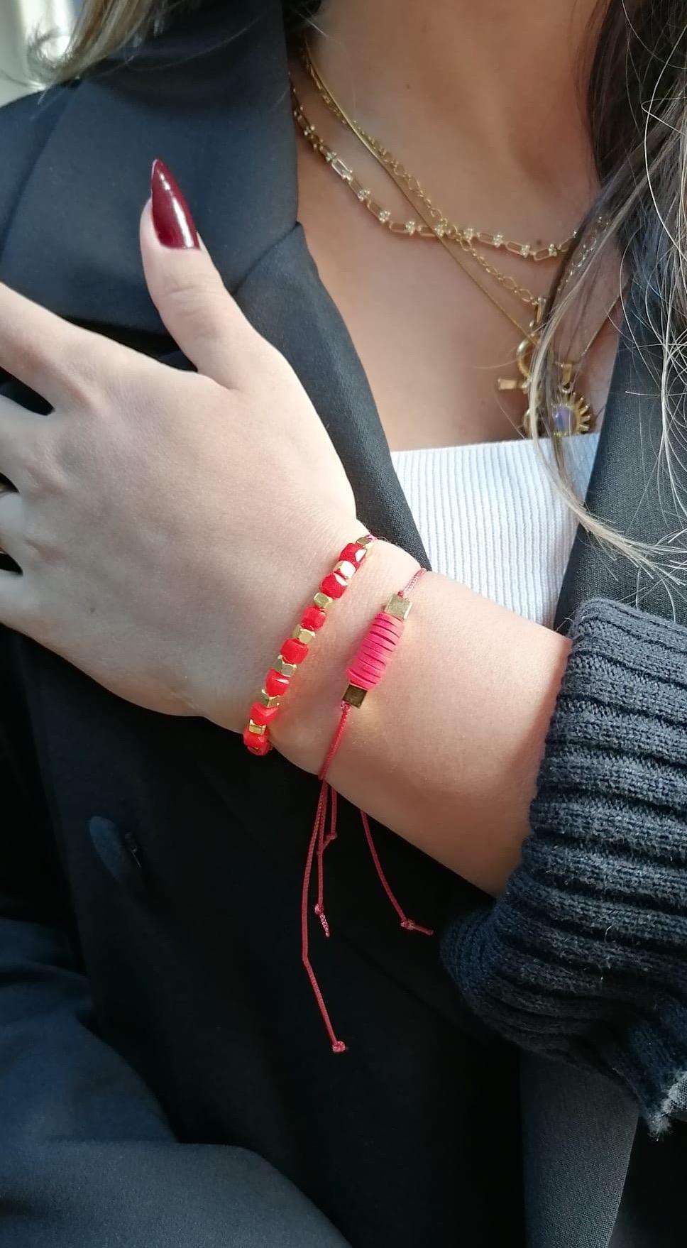 Fimo ve Gold Boncuklu Kırmızı Şans Bilekleri Seti/2'li Kırmızı Gold Bileklik Seti Model2 - Miamantra