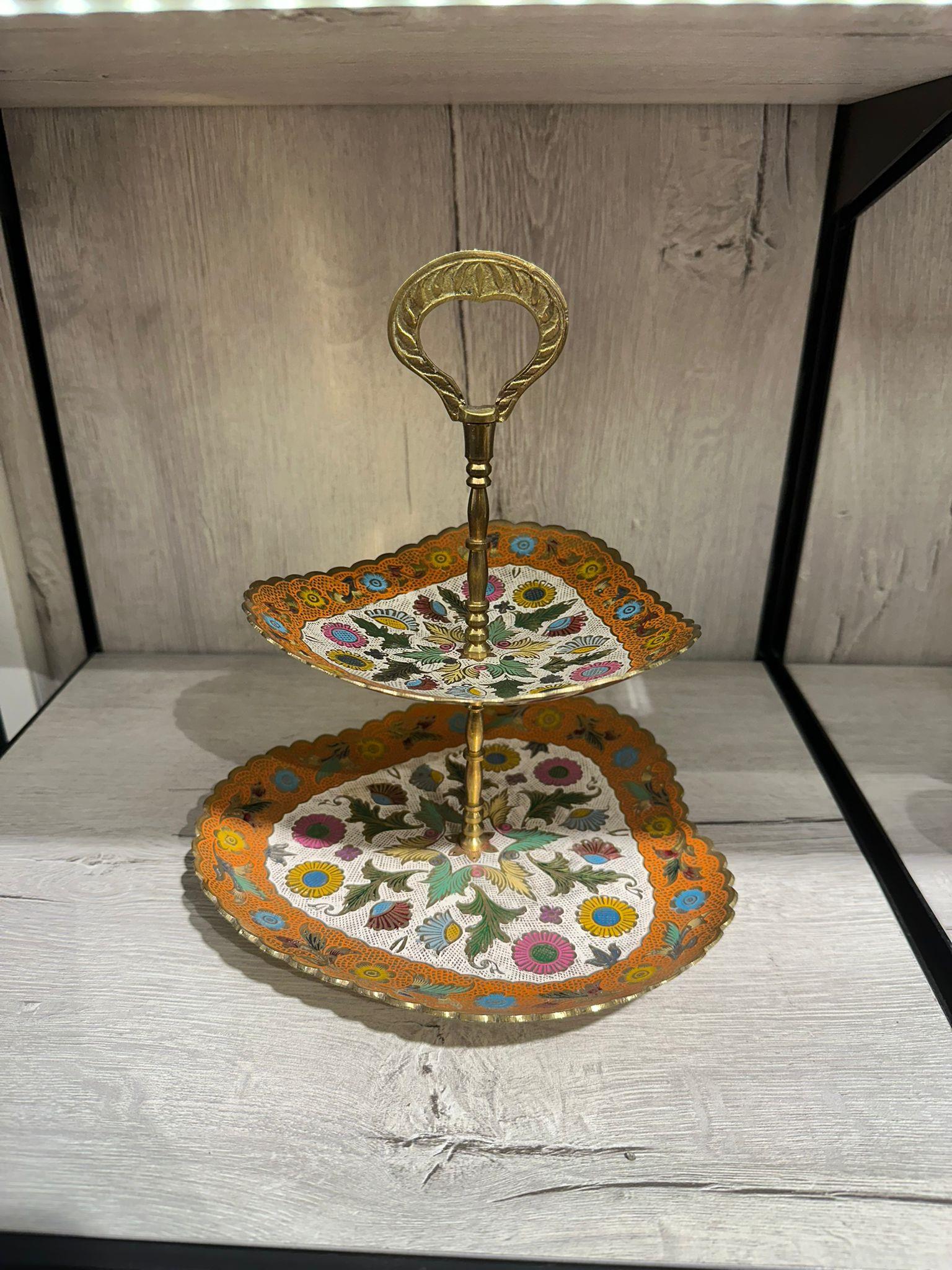 Pirinç 2 Katlı Şekerlik/ Sunumluk Renkli Mineli 9.5 Inç (24 Cm) - Miamantra