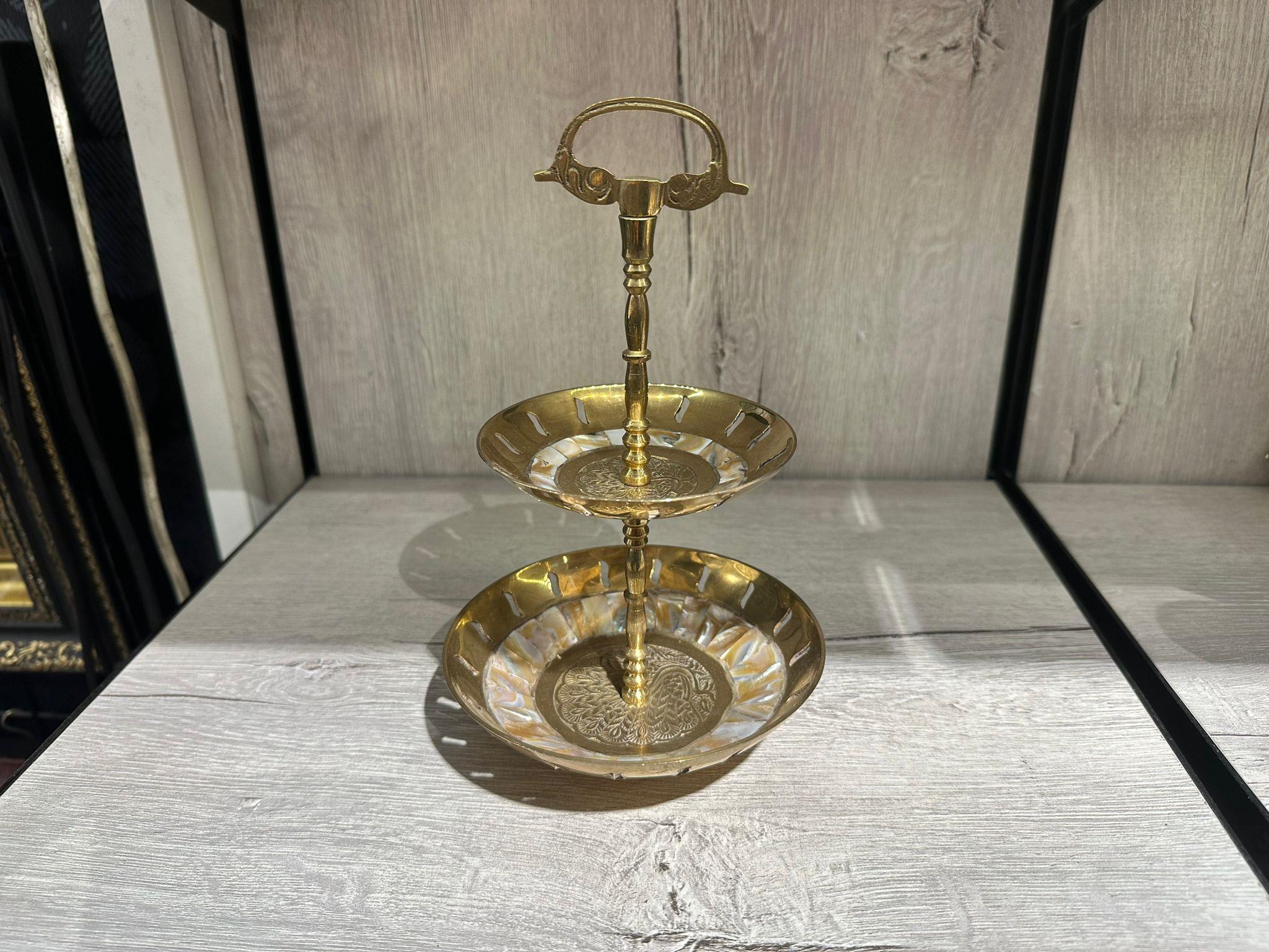 Pirinç 2 Katlı Şekerlik / Sunumluk Sedefli 9.5 Inç (24 Cm) - Miamantra