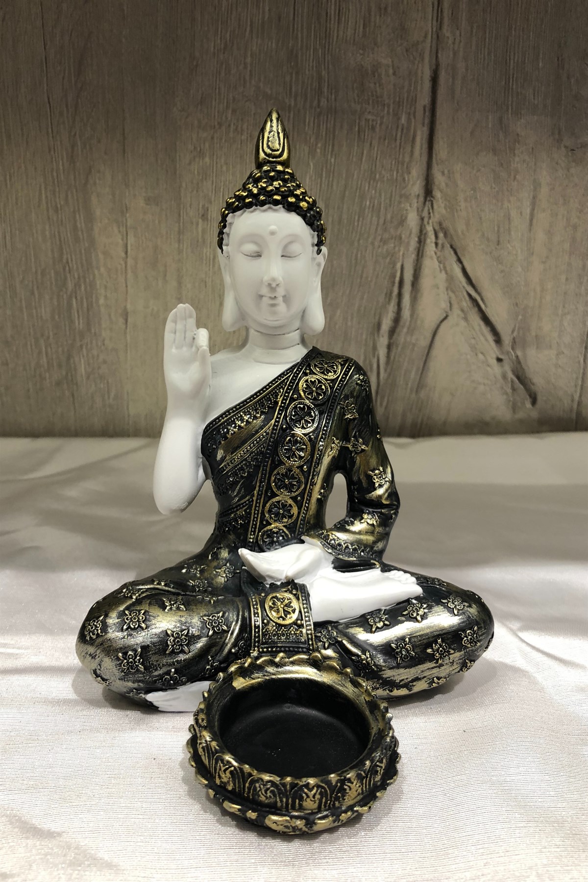 Pirinç Görünümlü Beyaz Buda Tealight Mumluk - Öğretici Duruşlu - 15 cm - Miamantra