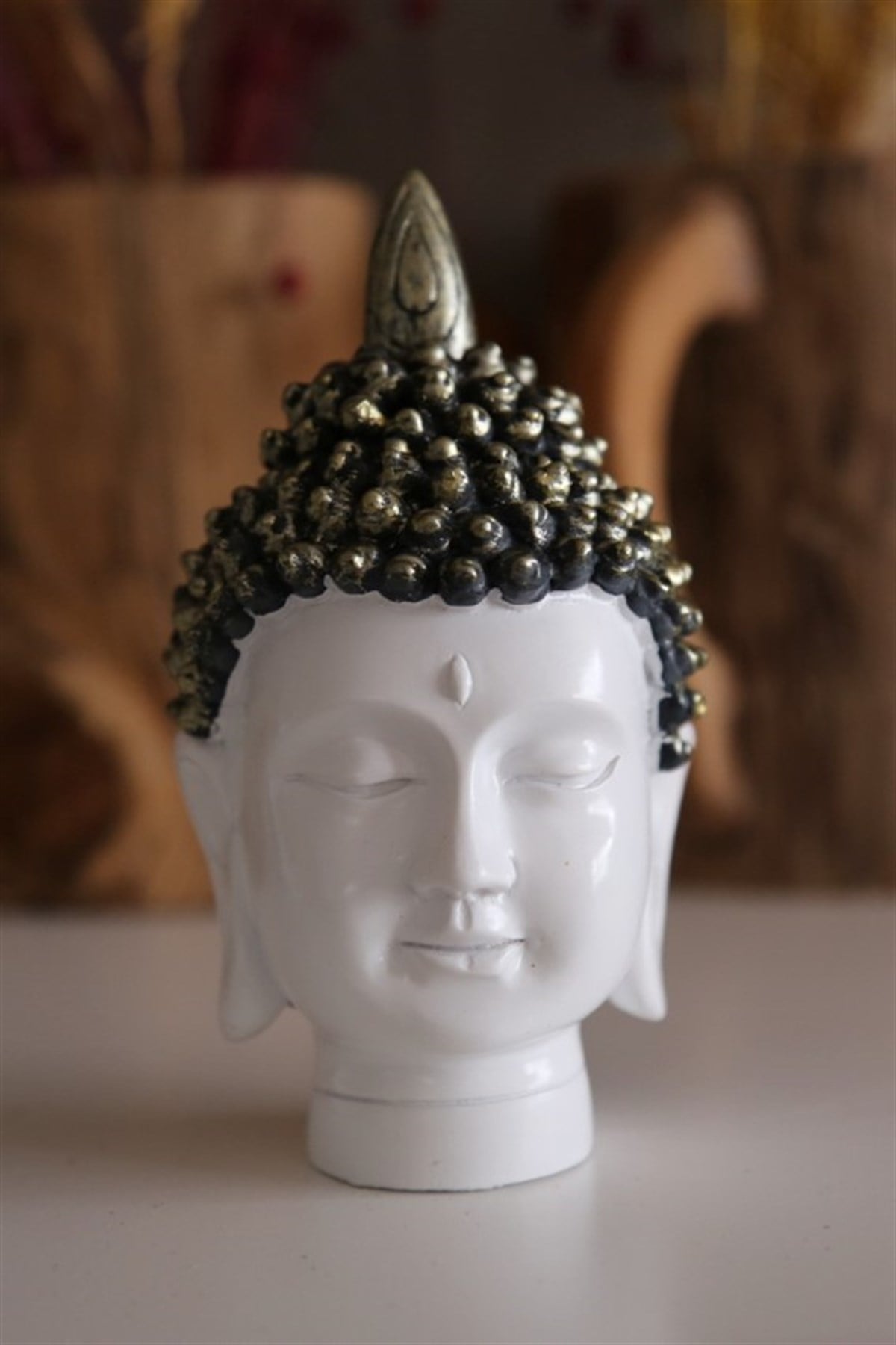 Pirinç Rengi Detaylı Beyaz Buda Kafası (14 cm) - Miamantra