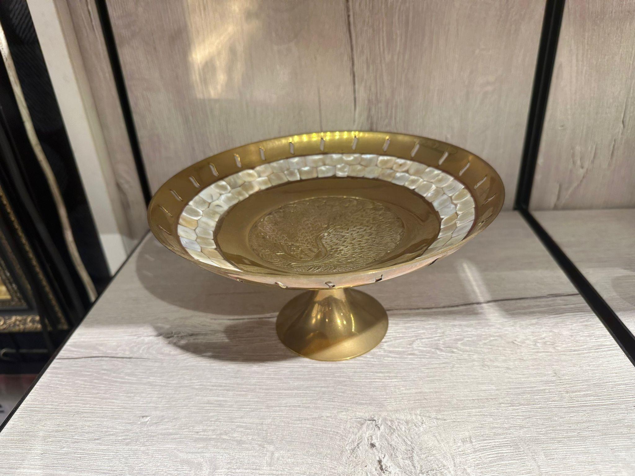 Pirinç Tavuskuşu Motifli Şekerlik / Sunumluk Sedefli 9 Inç (20 Cm Çap) - Miamantra
