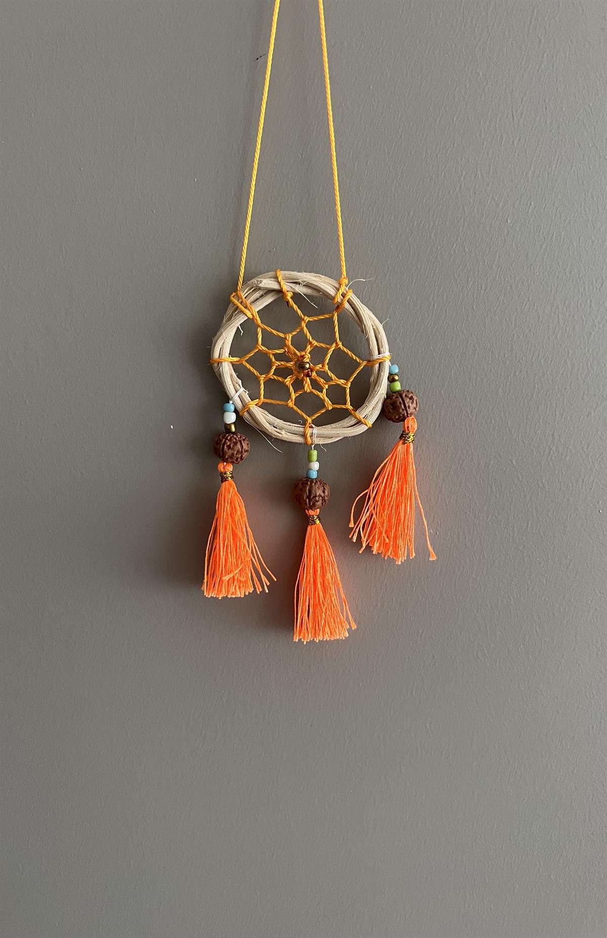 Rattan Kasnaklı El Yapımı Araba Süsü/Kapı Süsü Düş Kapanı/Dreamcatcher-Turuncu-7 cm çap - Miamantra