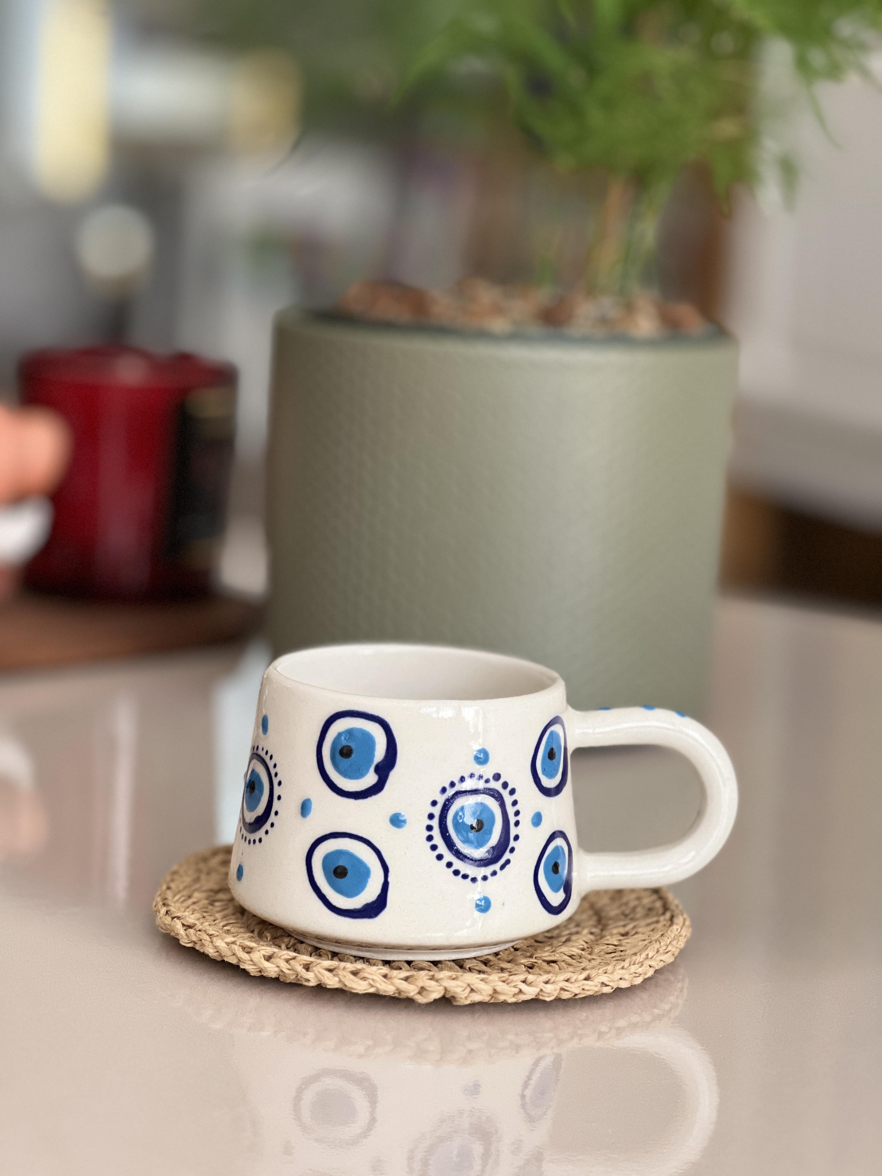 Seramik El Boyaması Göz Nazar Temalı Kahve Kupası/Mug - Beyaz - Miamantra