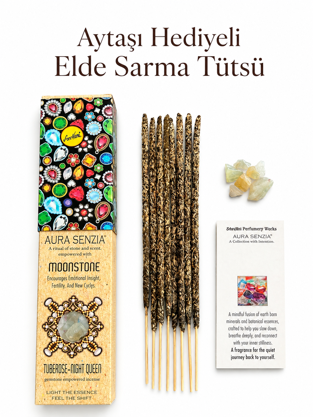 Sree Vani Marka Aura Senzia Doğal Aytaşı Parçaları Hediyeli Elde Sarma Sümbülteber Çiçeği Tütsüsü-8 Adet Çubuk Tütsü - Miamantra