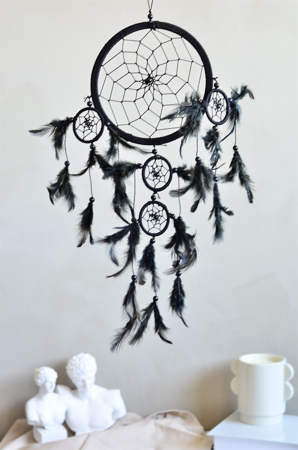 Üç Gözlü Siyah Rüya Kapanı / Dreamcatcher (16,5 cm çap)