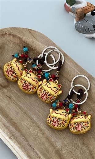 5'li Set Feng Shui Bereket ve Şans Kedisi Anahtarlığı (5 Adet Maneki Neko Kırmızı Detaylı Gold Anahtarlık) - Miamantra