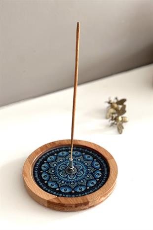 Ahşap Üzerine Epoksi Mandala Desenli Yuvarlak Tütsülük -12 cm Çap- Mavi - Miamantra