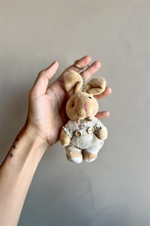 Elbiseli Sevimli Peluş Tavşan Model Bej Çiçekli Anahtarlık , Çanta Aksesuarı Hediyelik (13 cm) - Miamantra