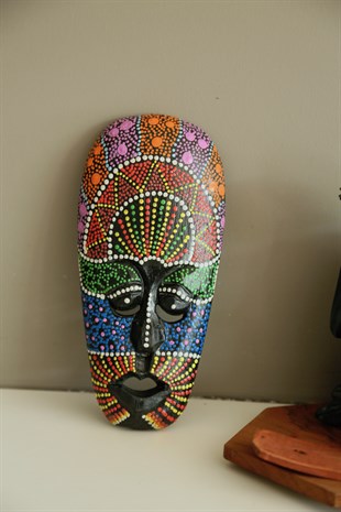Elde Renkli Boyanmış Ahşap Aborjin Mask - 20 cm - Miamantra