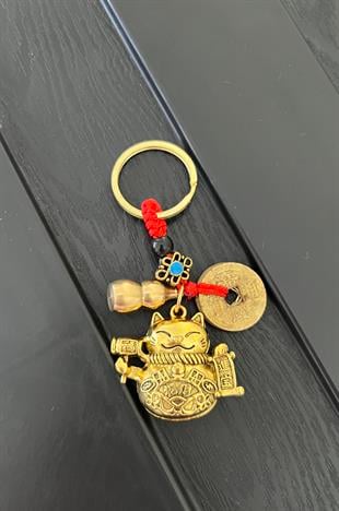 Feng Shui Bereket ve Şans Kedisi Anahtarlığı (Maneki Neko ve Sağlık Sembolü Su Kabağı Figürlü Anahtarlık) - Miamantra