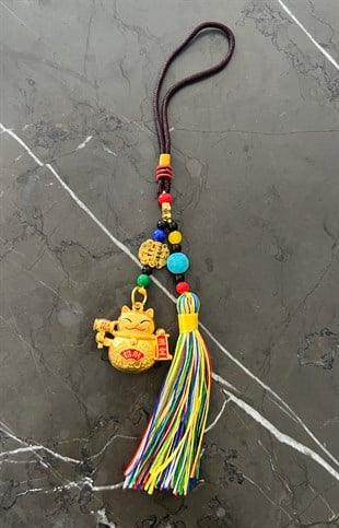 Feng Shui Bereket ve Şans Kedisi Asılabilir Dekor /Maneki Neko Gold Püsküllü Araba Aynası Süsü - Miamantra