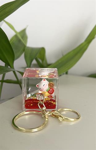 Feng Shui Şans ve Bereket Kedisi Figürlü Sulu Anahtarlık / Çanta Süsü Patili Kedi Model 2(Maneki Neko) - Miamantra