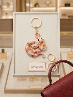 Feng Shui Yılan Şeklinde Altın Ve Renkli Işlemeli Anahtarlık/Yılan Şeklinde Çanta Süsü Charm (7Cm * 7 Cm) - Miamantra