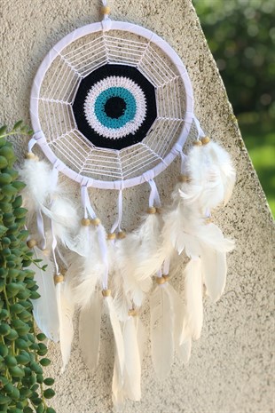 Göz/Nazarlık Şeklinde Ağ Örgülü Beyaz Düş Kapanı (Çap: 16 cm) - Miamantra