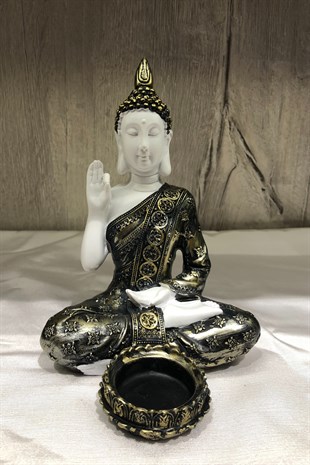Pirinç Görünümlü Beyaz Buda Tealight Mumluk - Öğretici Duruşlu - 15 cm - Miamantra