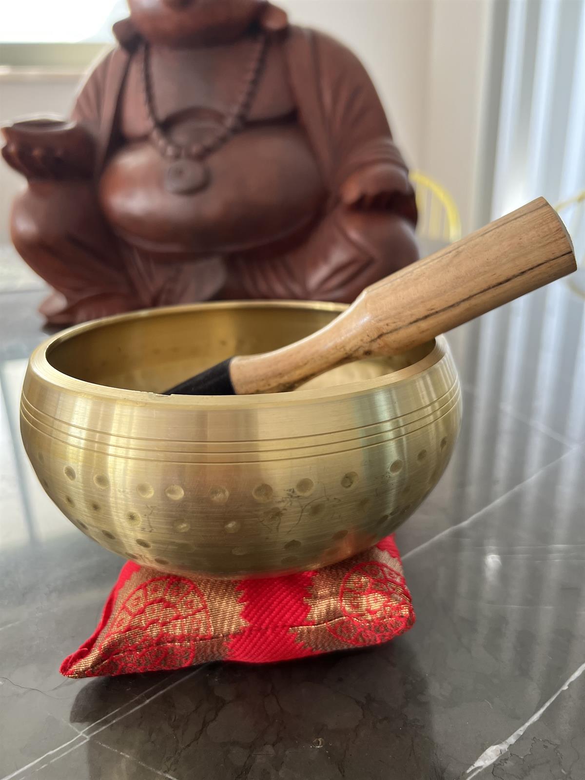 14 cm Çap Pirinç Tibet Ses Çanağı ve Kırmızı Yastık/Altlık ve Tokmak Seti - Miamantra