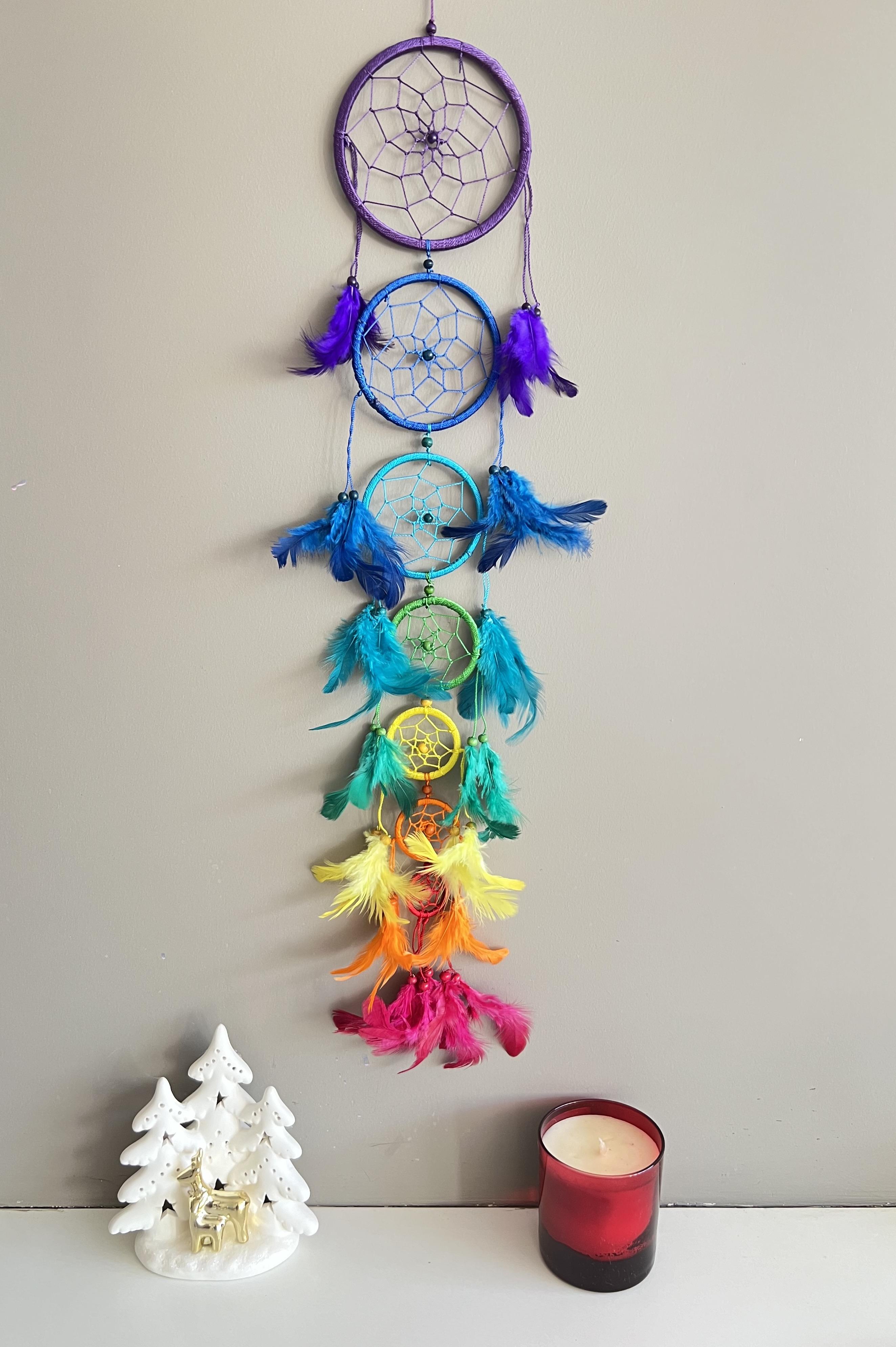 7 Çakra Renkli (Gökkuşağı) Küçülen Halkalar Uzun Rüya Kapanı Dreamcatcher- 75 cm çap - Miamantra