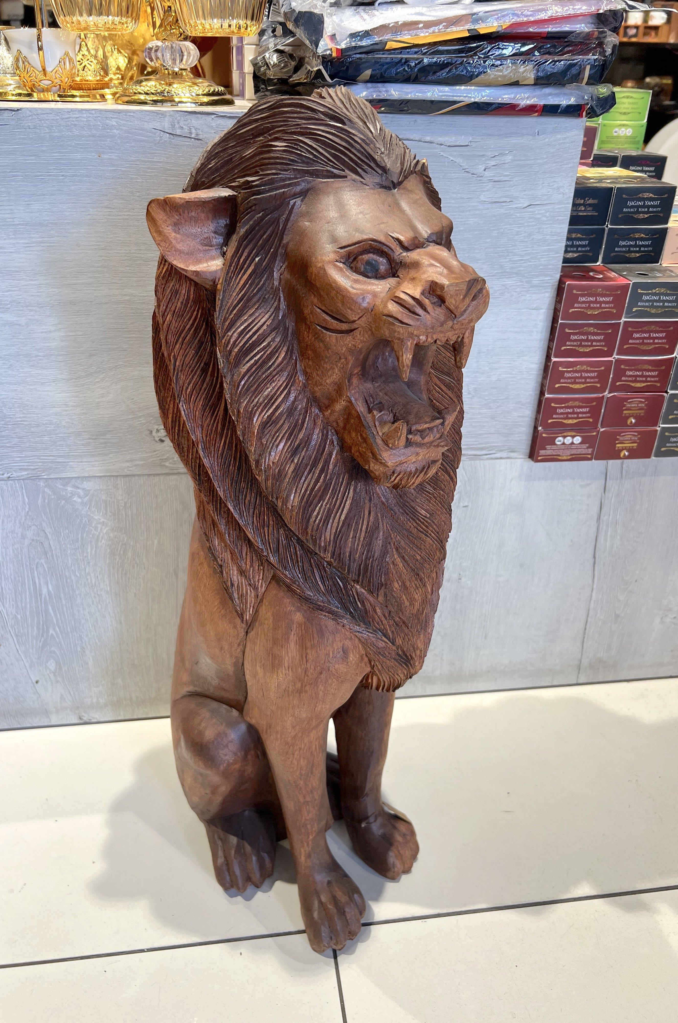 Ahşap Aslan Heykel 70 Cm - Miamantra