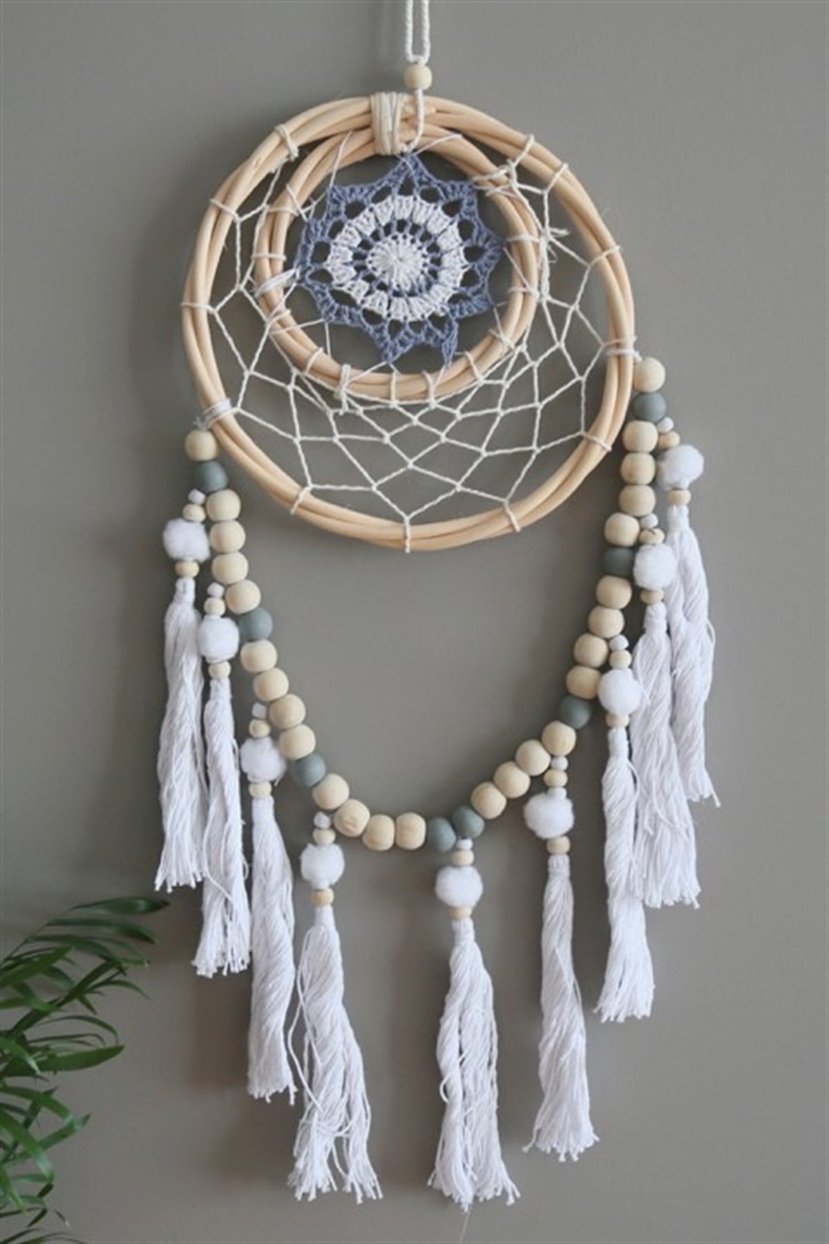 Ahşap Boncuklu Pastel Mavi Beyaz Kalın Rattan Rüya Kapanı - 23 cm çap - Miamantra