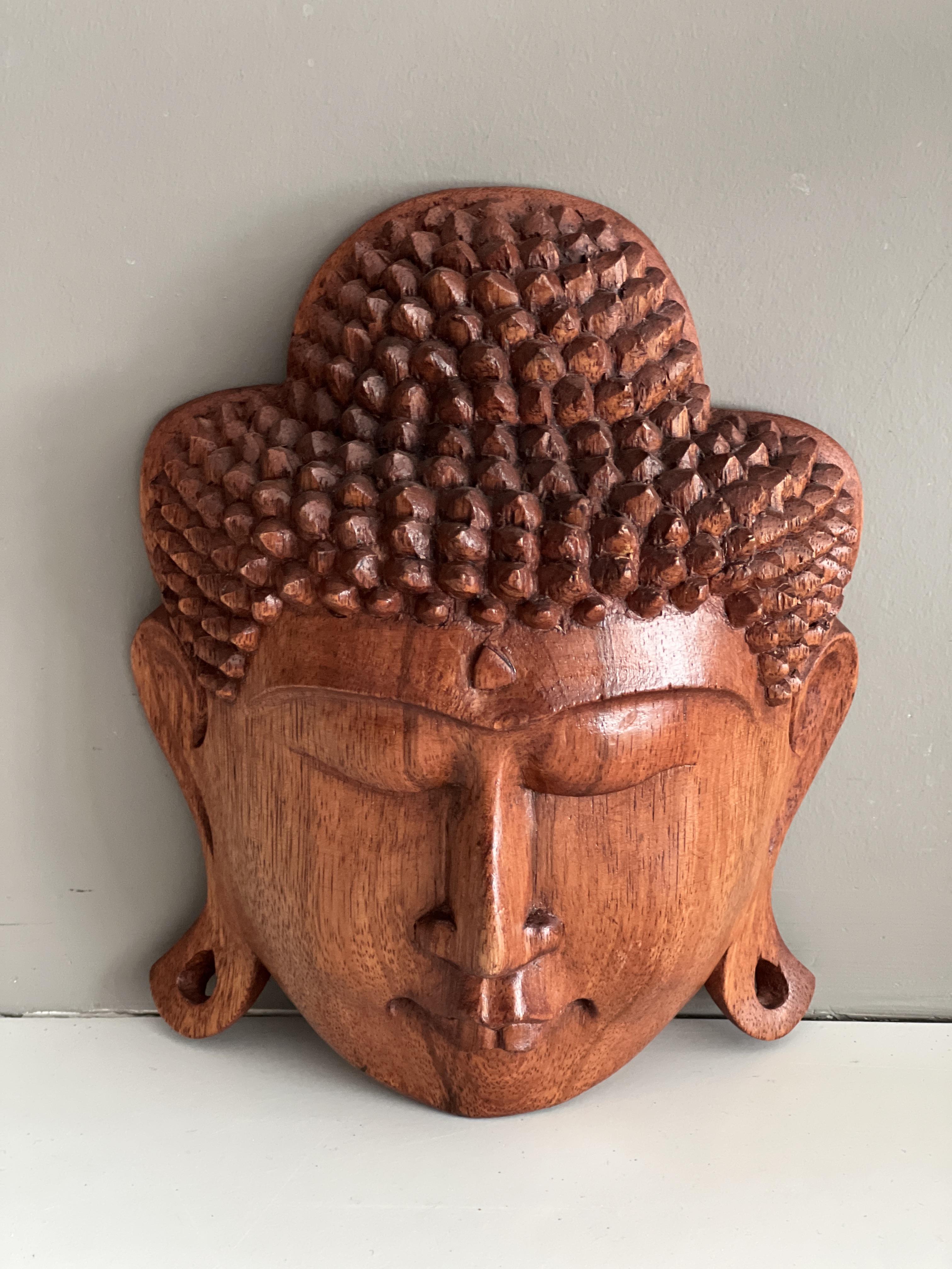Ahşap Buda Kafası Maske/Asılabilir Buda Heykeli 20 Cm - Miamantra