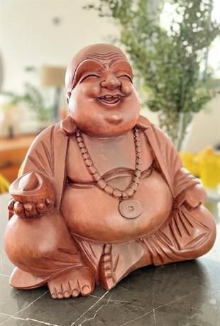 Ahşap El Yapımı Gülen Buda Biblo 40 cm - Miamantra