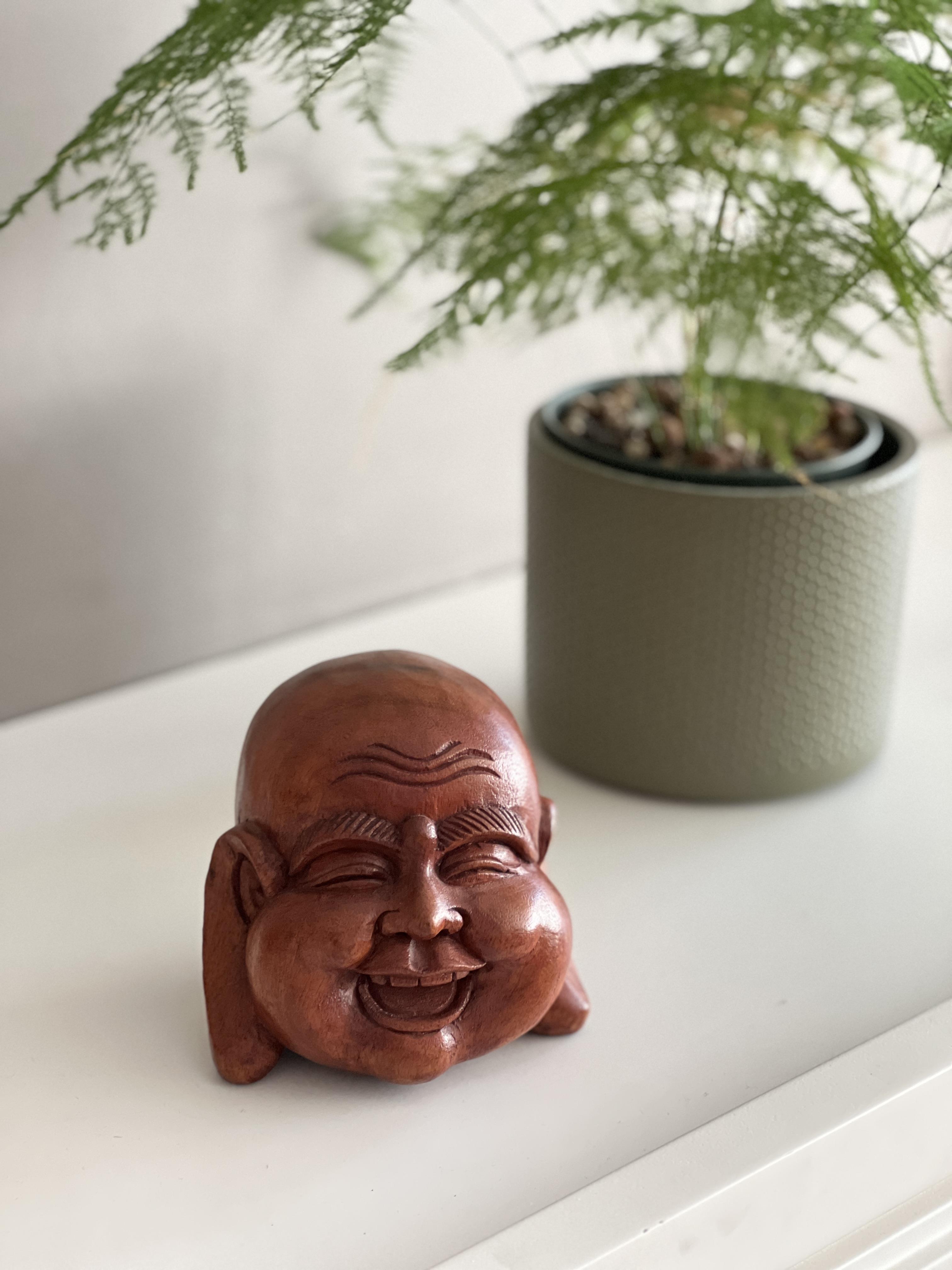 Ahşap Gülen Buda Kafası Biblo 12 Cm - Miamantra