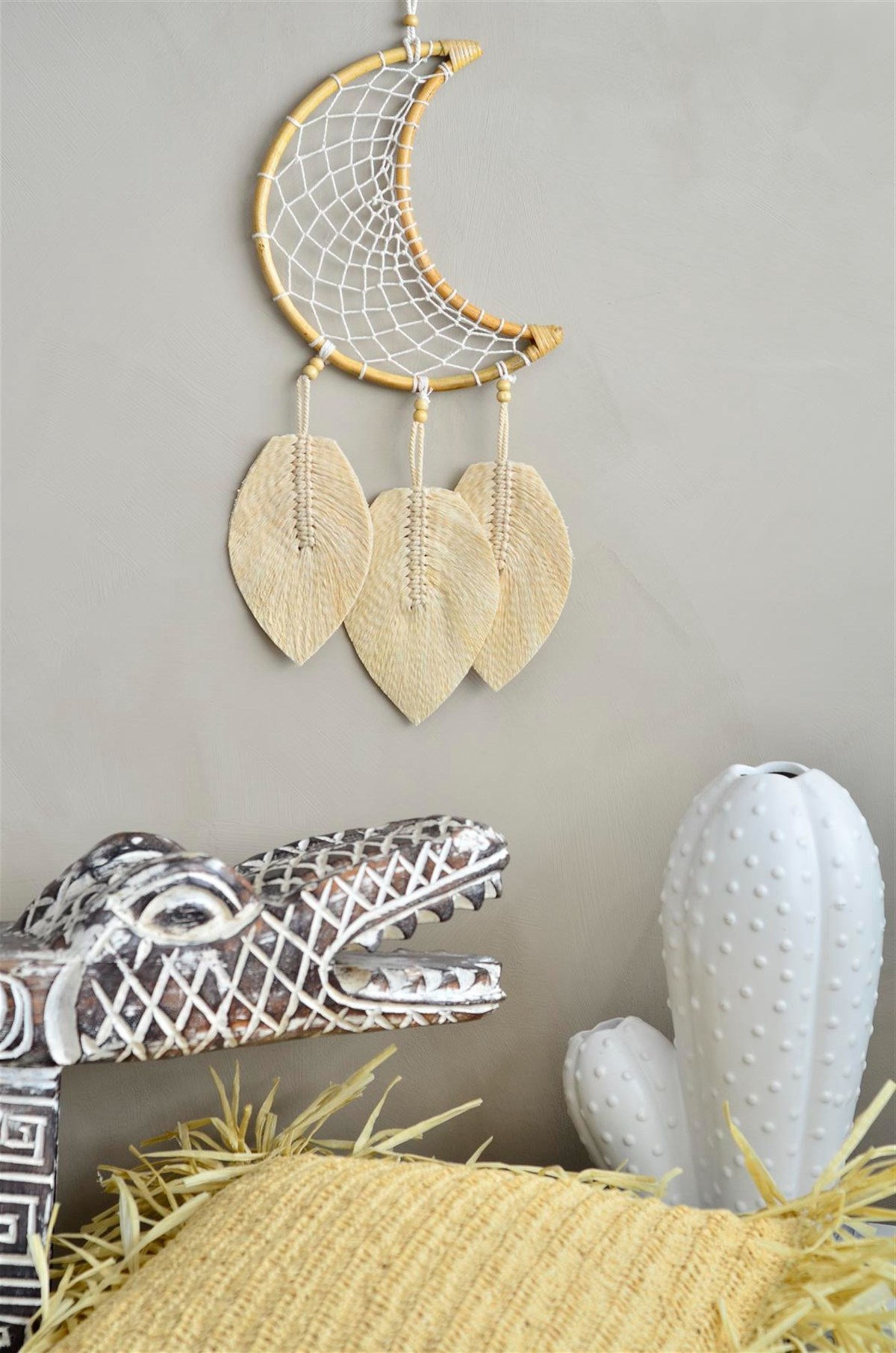 Ay şeklinde Makrome Yaprak Detaylı Rüya Kapanı / Düşkapanı / Rüya Kovucu (22cm)