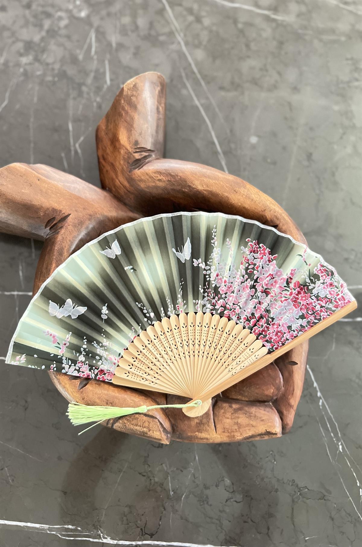 Bambu İpek Şık Japon Yelpaze - Yeşil Pembe Çiçekli - Miamantra